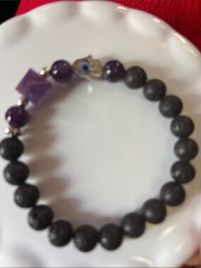 Amethyst & Lava Stone Hamsa Stretch 8mm Bracelet - Purple and Black